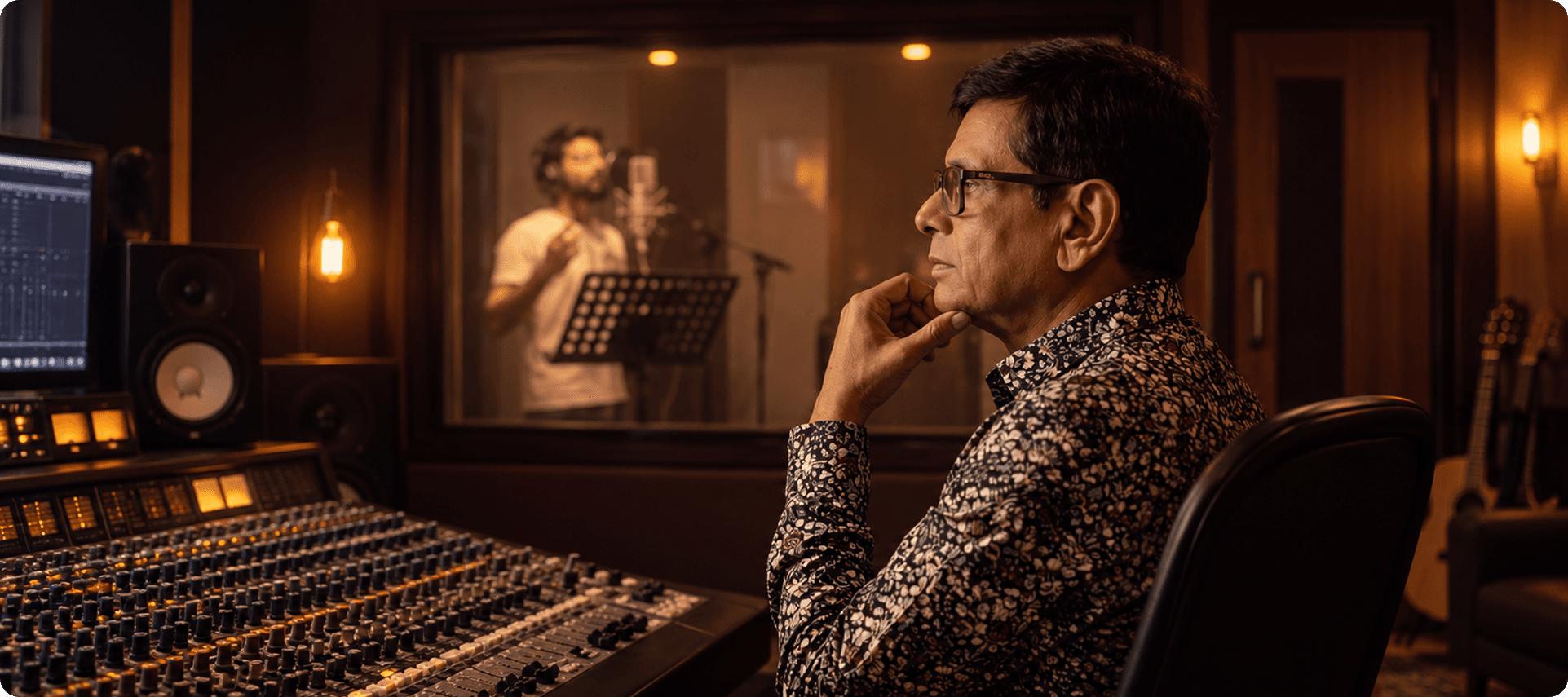 Kirti Varsani listening closely in the recording studio